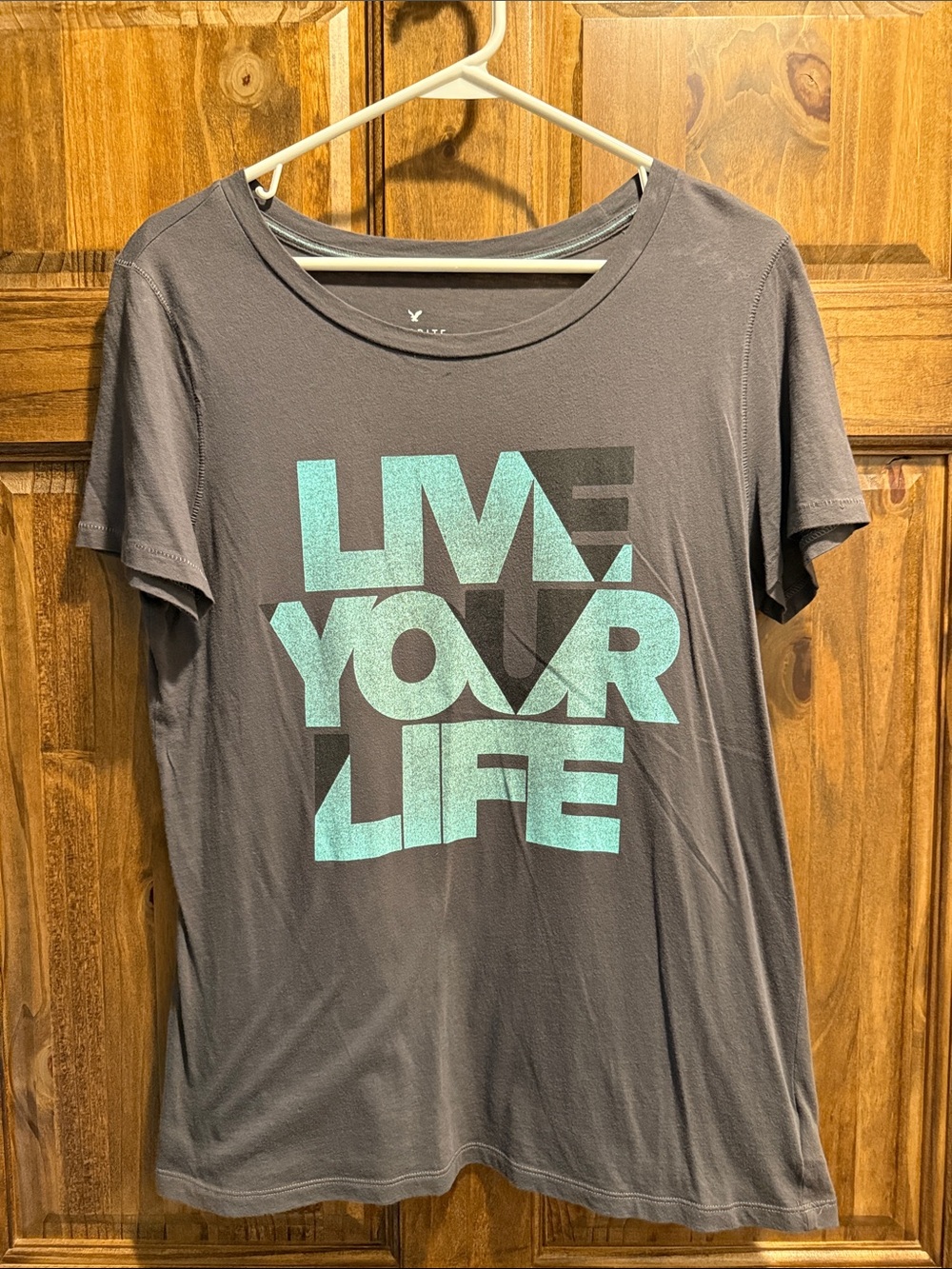 American Eagle Outfitters Gray Tee with Teal Graphic - LIVE YOUR LIFE